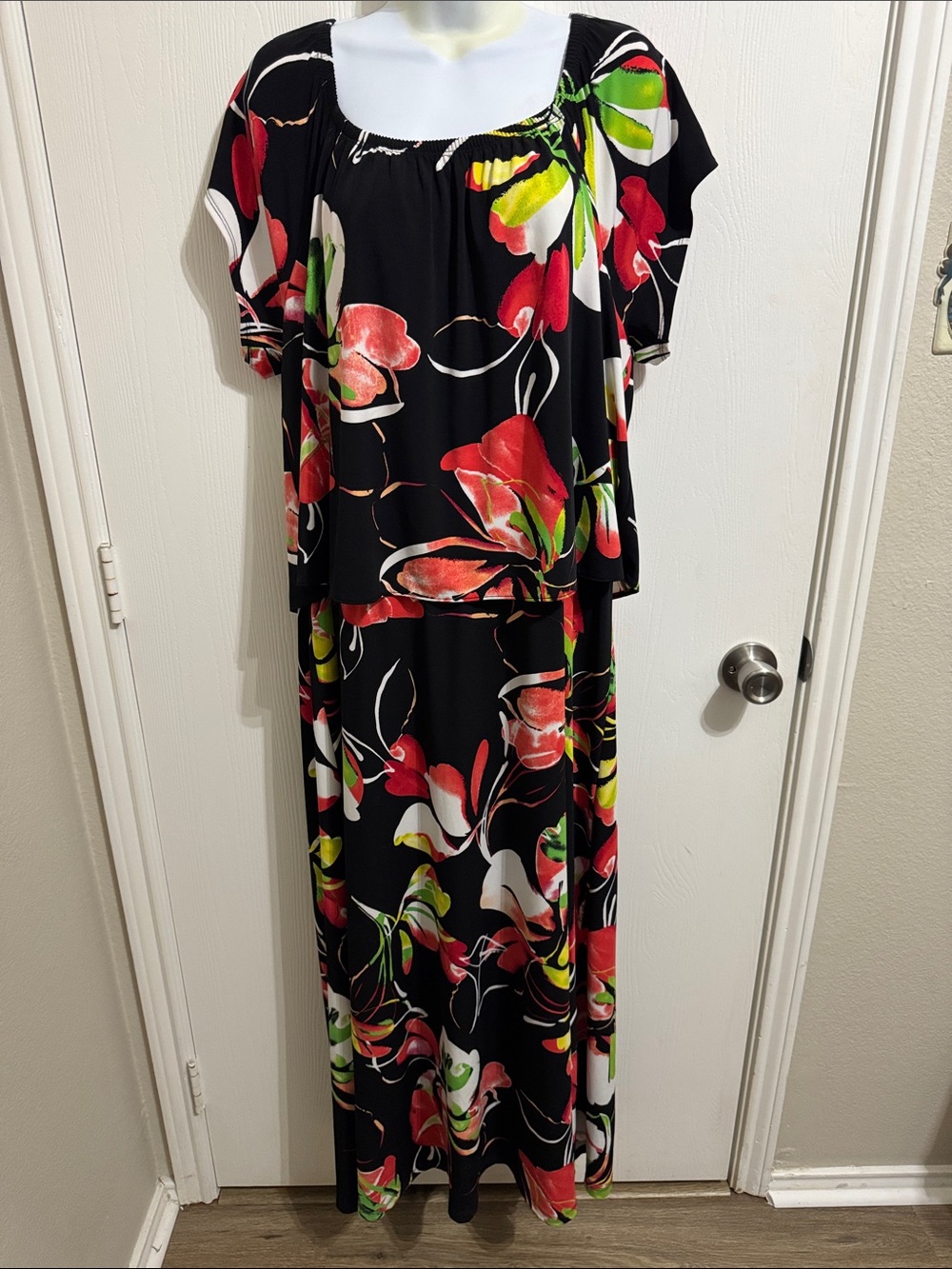 Susan Graver Tropical Floral Bodice Maxi Dress Women's XL Flowy Short Sleeve
